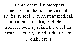 Text Box: psihoterapeut, fizioterapeut, consilier scolar, asistent social, profesor, sociolog, asistent medical, infirmier, ministru, bibliotecar, istoric, medic specialist, consultant resurse umane, director de servicii sociale, preot